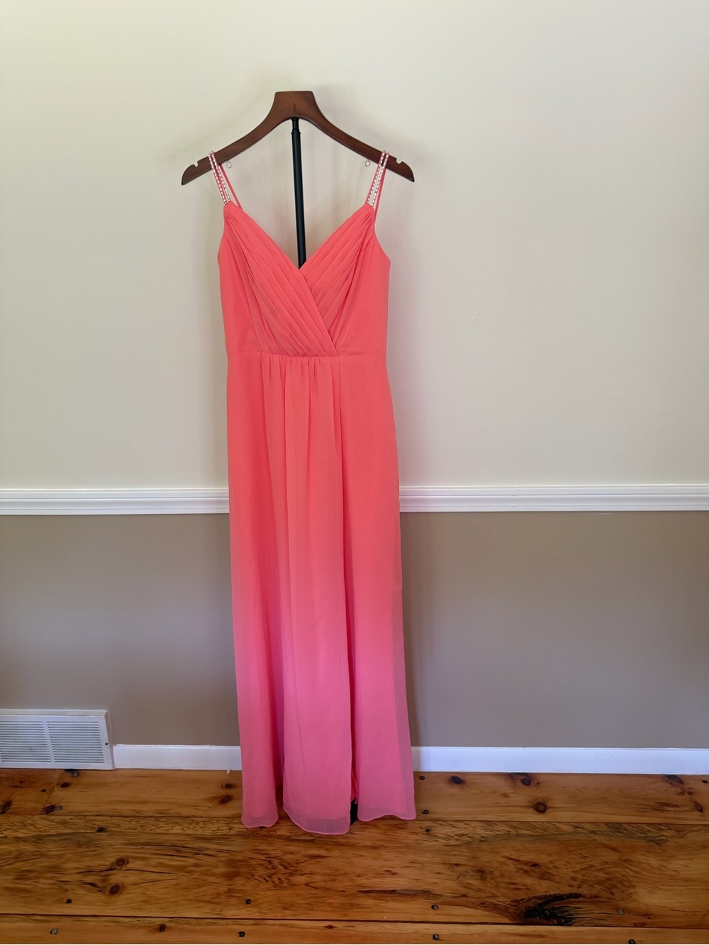 Coral Pink Chiffon Evening Gown Dress with bedazzled Spaghetti Straps